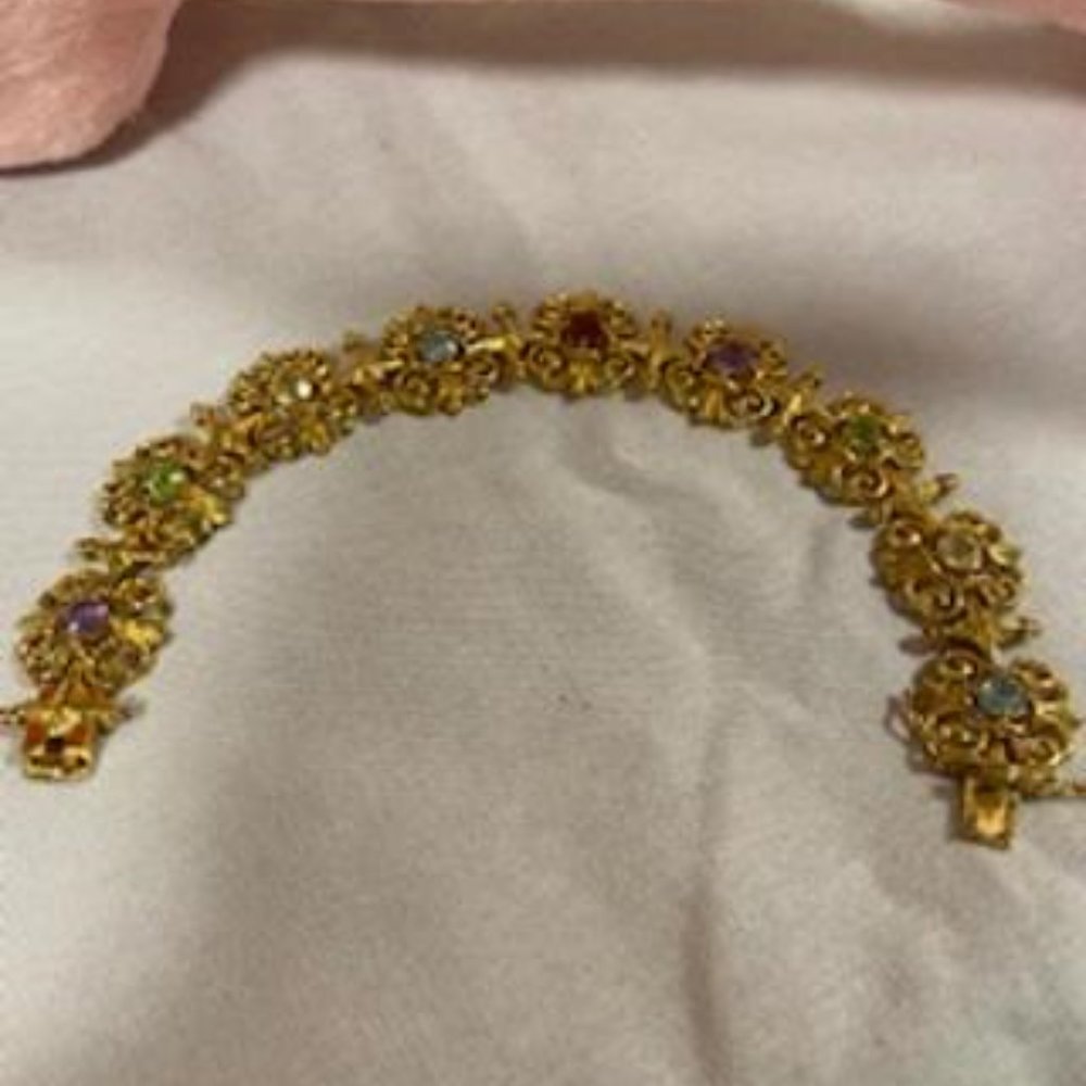 VINTAGE TECHNIBOND GOLD TONE MULTI-COLOR GEM BRACELET 7" - Picture 7 of 9